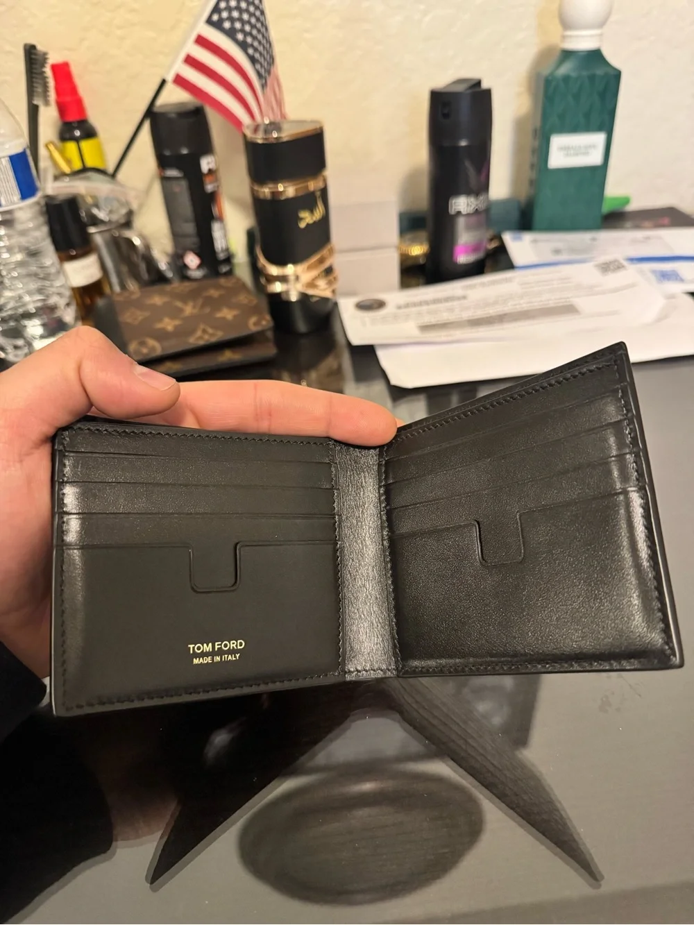 Tom Ford Black Croc-Effect Leather Card Holder with Gold TF Logo